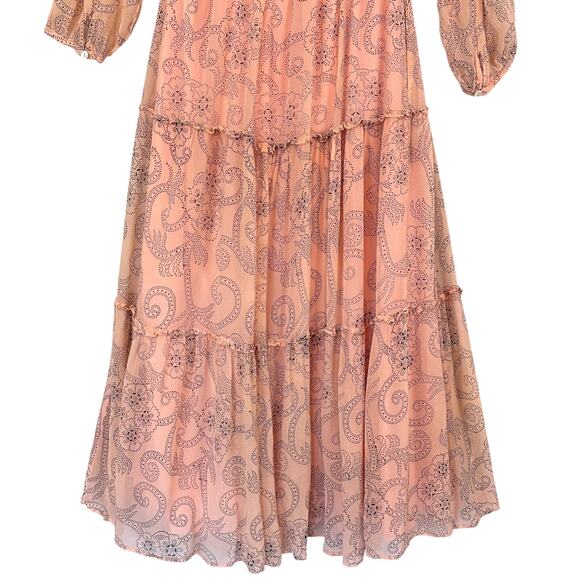 Banjanan Peach Paisley Boho Maxi Dress Sheer Tiered Lined Viscose S Cottagecore - Picture 8 of 14